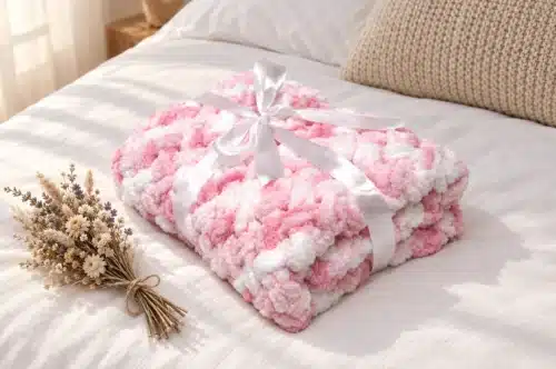 Ružovo-biela Puffy deka ako darček – Instagram Ellie
